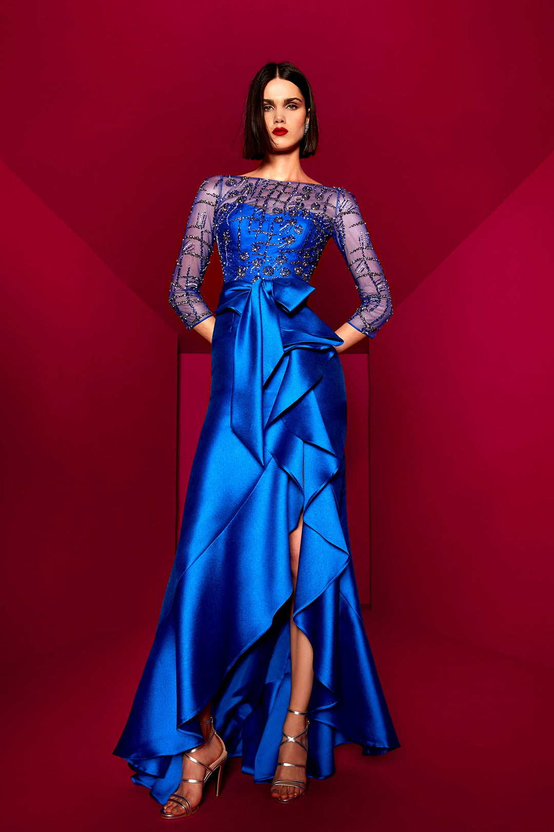 Jacquard Long-Sleeved Flared Dress with Embroidery Blue / FR 46 Jacquard Long-Sleeved Flared Dress with Embroidery Blue / FR 46