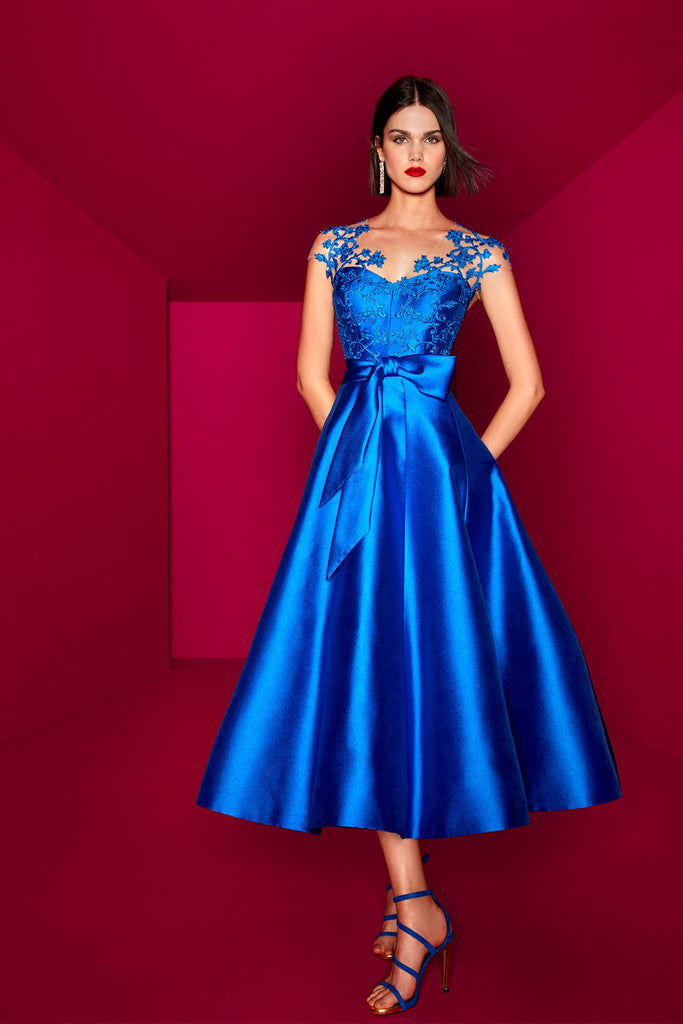 Sleeveless Jacquard A-line Midi Dress with Embroidery Blue / FR 52