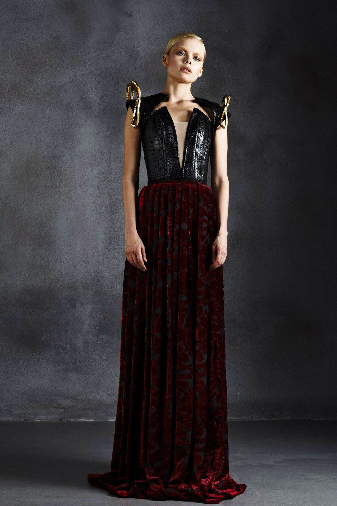 Leather and Velvet A-line Sleeveless Dress Black Red / FR 38 Leather and Velvet A-line Sleeveless Dress Black Red / FR 38