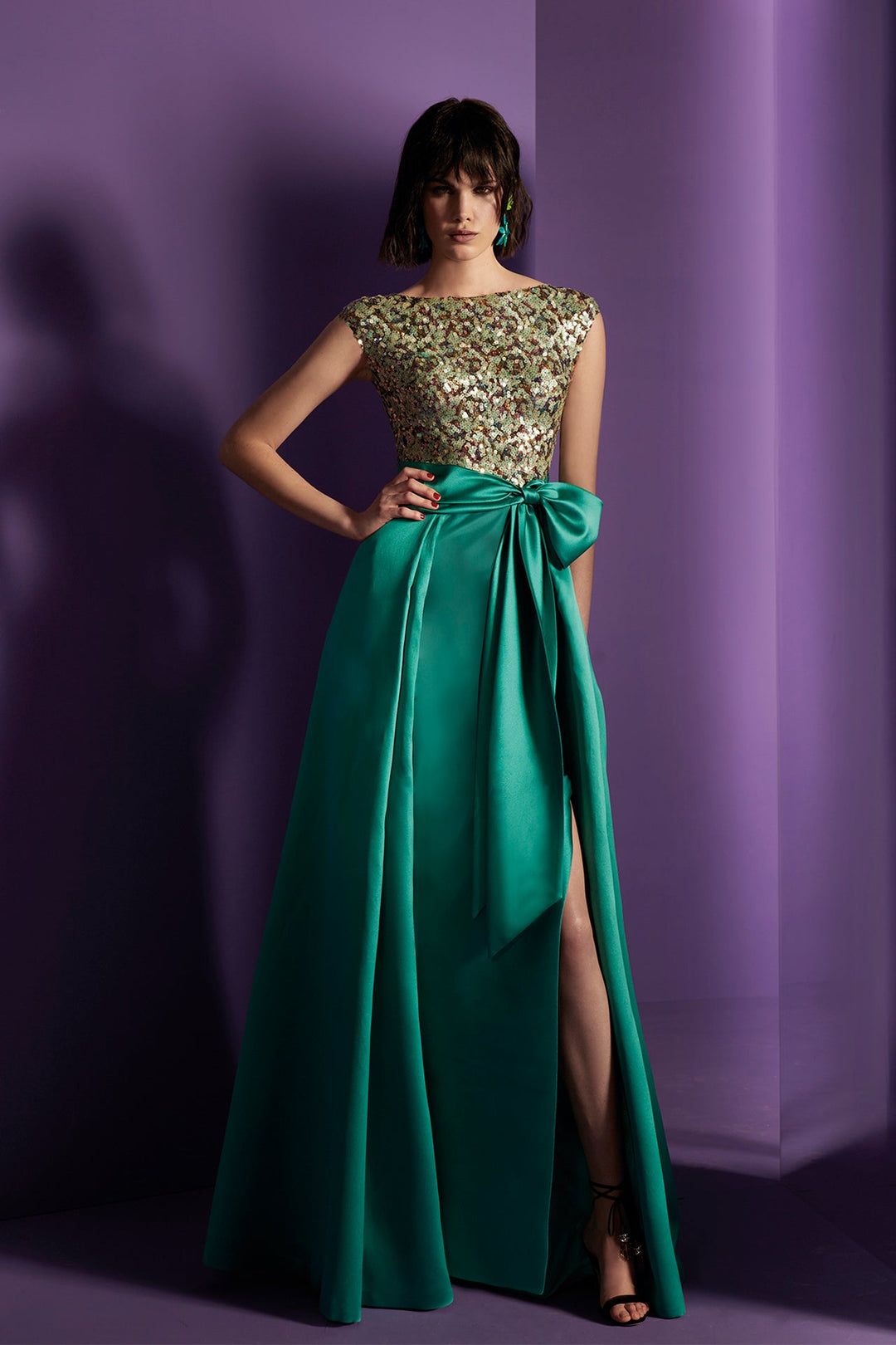Sequined and Silk Mikado A-line Dress Green / FR 52 Sequined and Silk Mikado A-line Dress Green / FR 52
