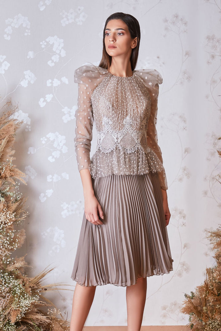 Long-Sleeved Tulle Top with Pleated Midi Skirt