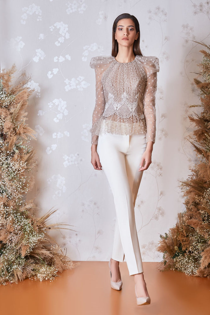 Lace Closed Neck Top With Pencil Pants