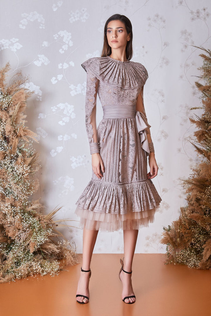 Long-Sleeved Lace Pleated Flared Dress