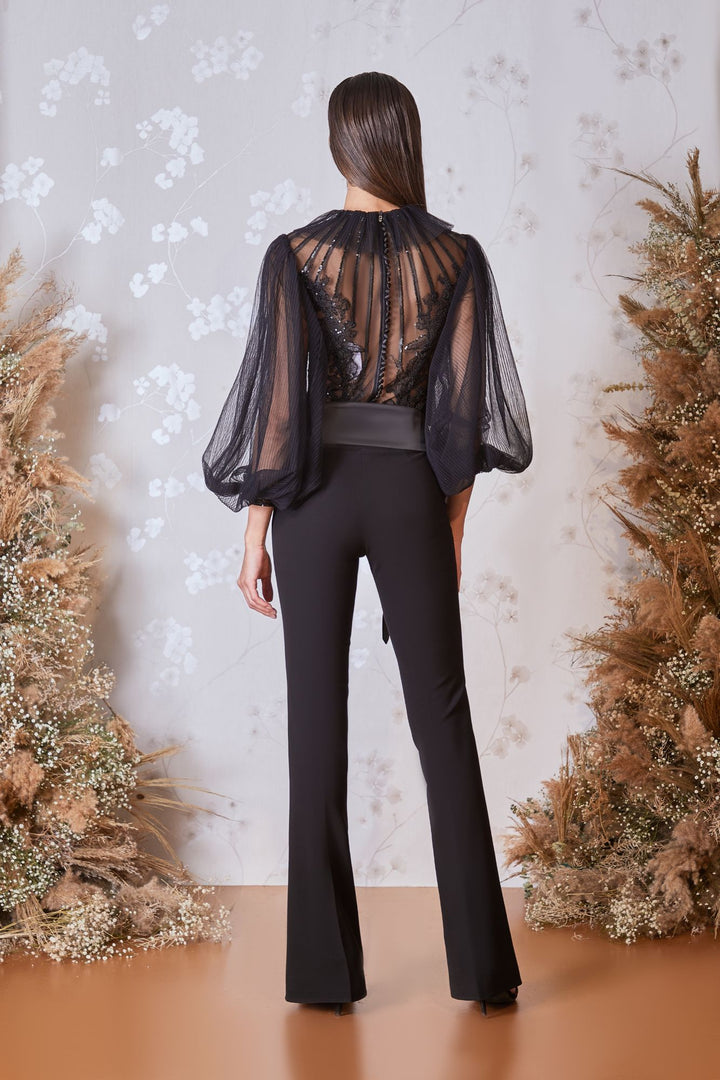 Embroidered Tulle Blouse with Straight-Cut Pants