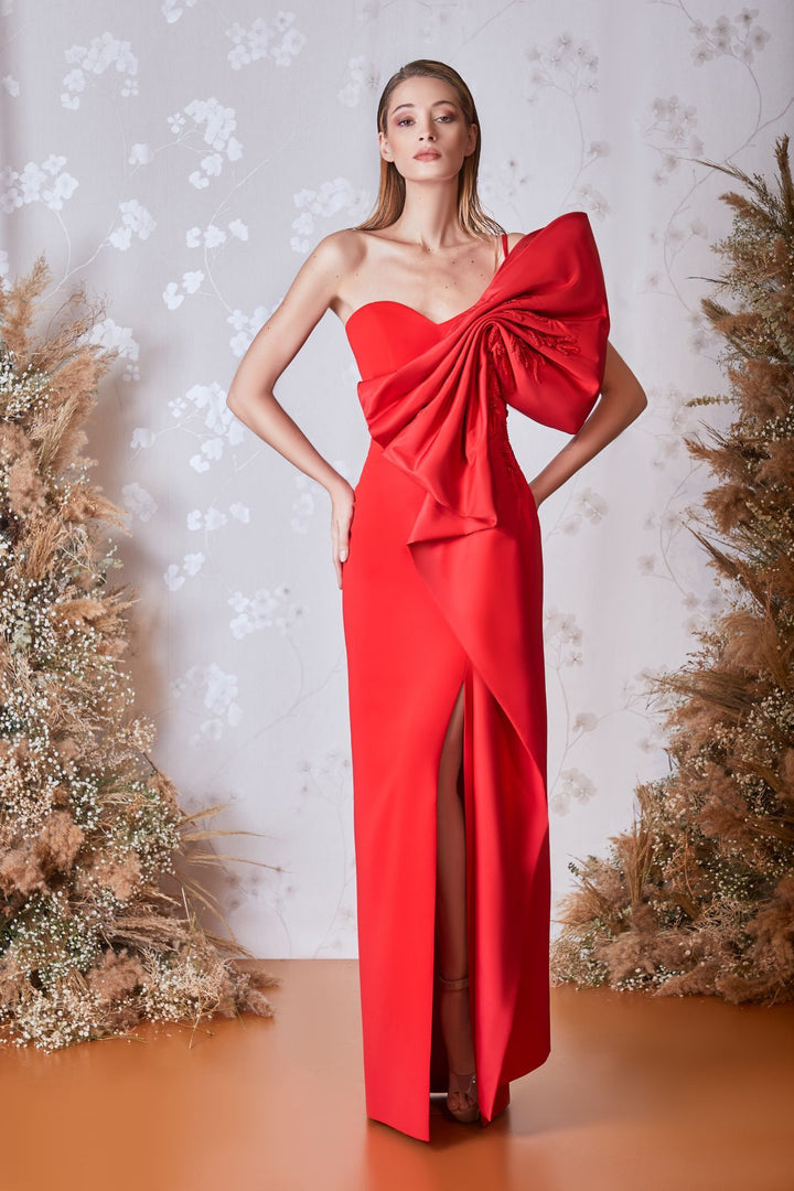 One-Shoulder Column Dress with Bow