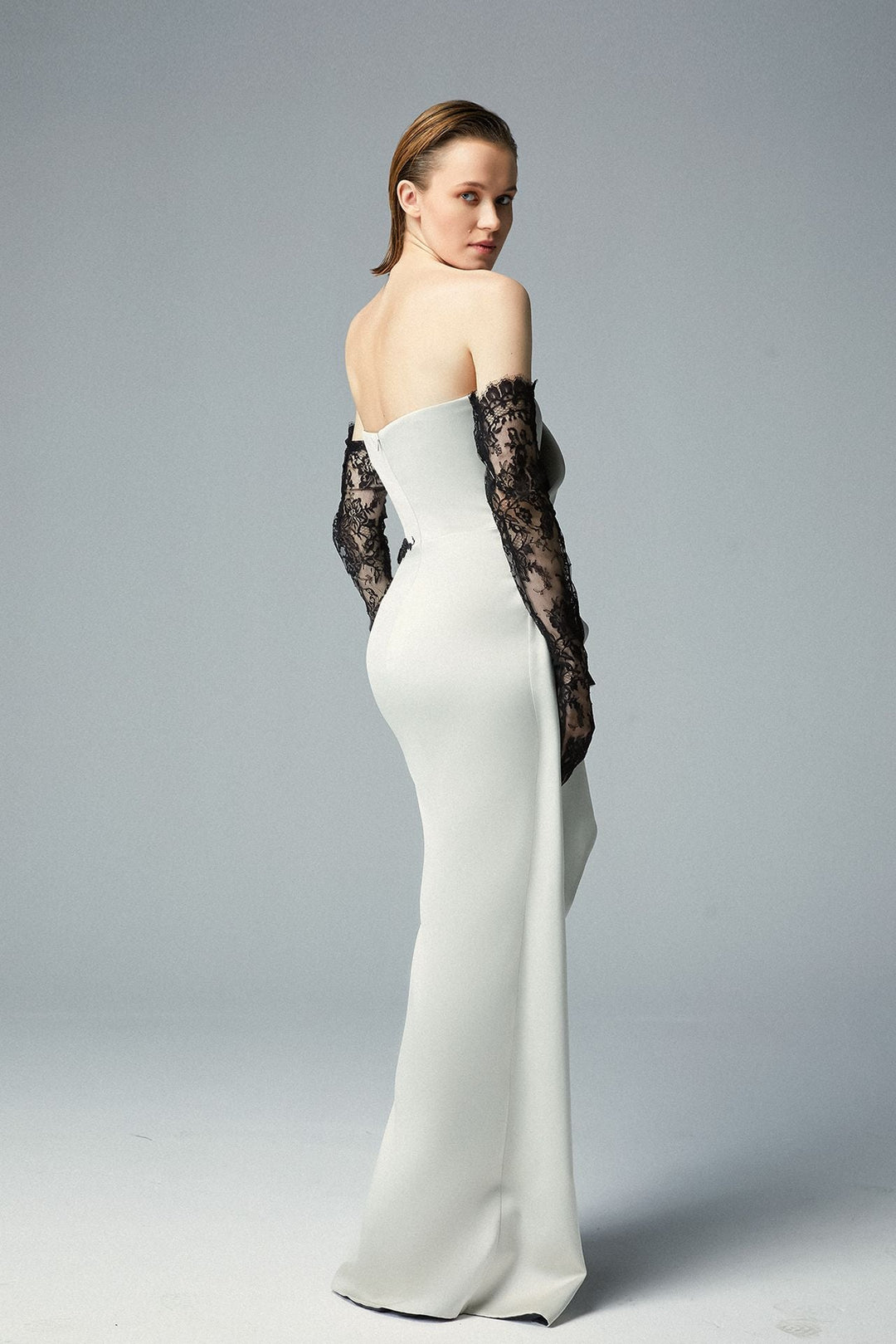 Strapless Cadi Fitted Dress with Lace Gloves