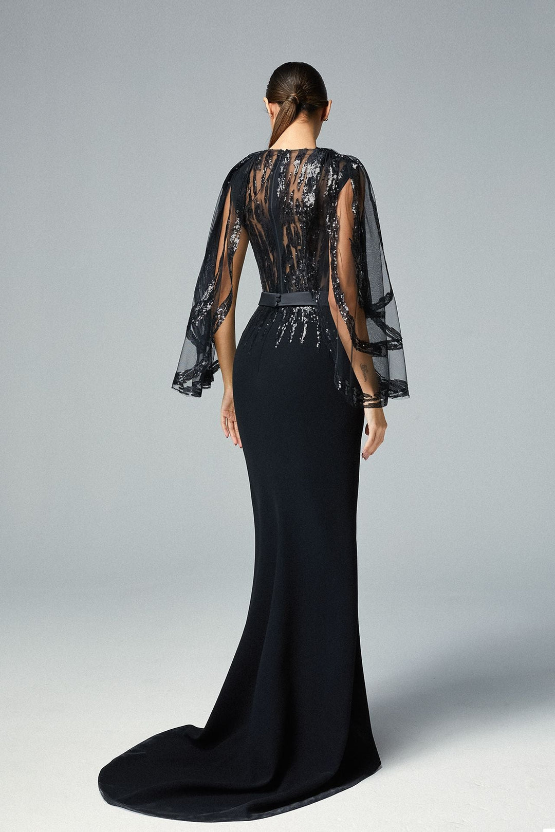 High-Low Back Dress With Shiny Sequins Embroidery.