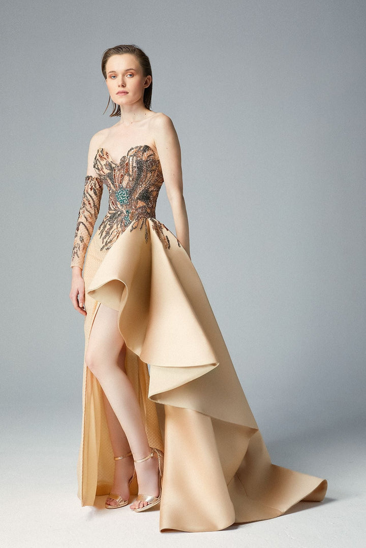 Embroidered Strapless Dress with Side Train