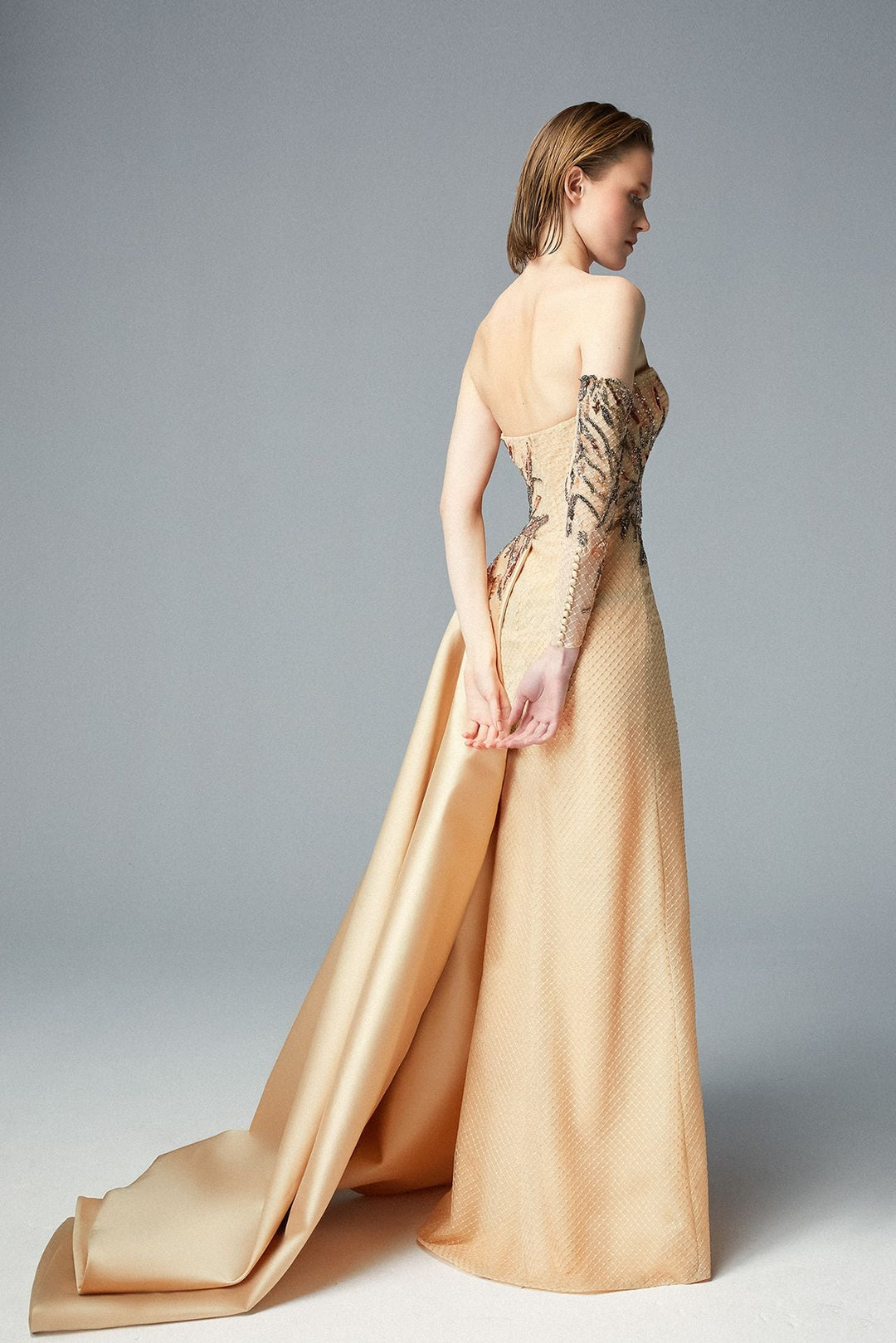 Embroidered Strapless Dress with Side Train