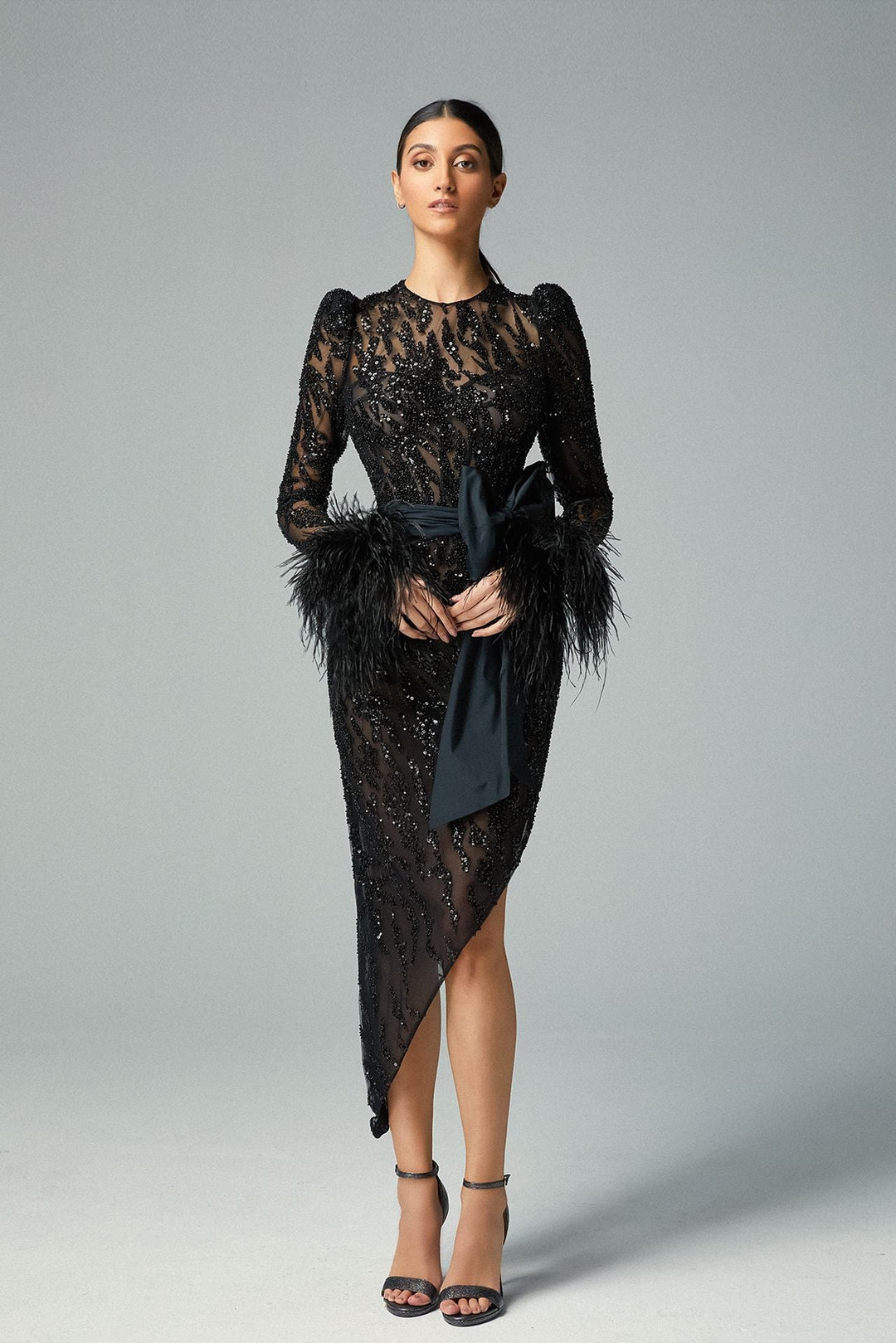 Long-Sleeved Embroidered Tulle Midi Dress