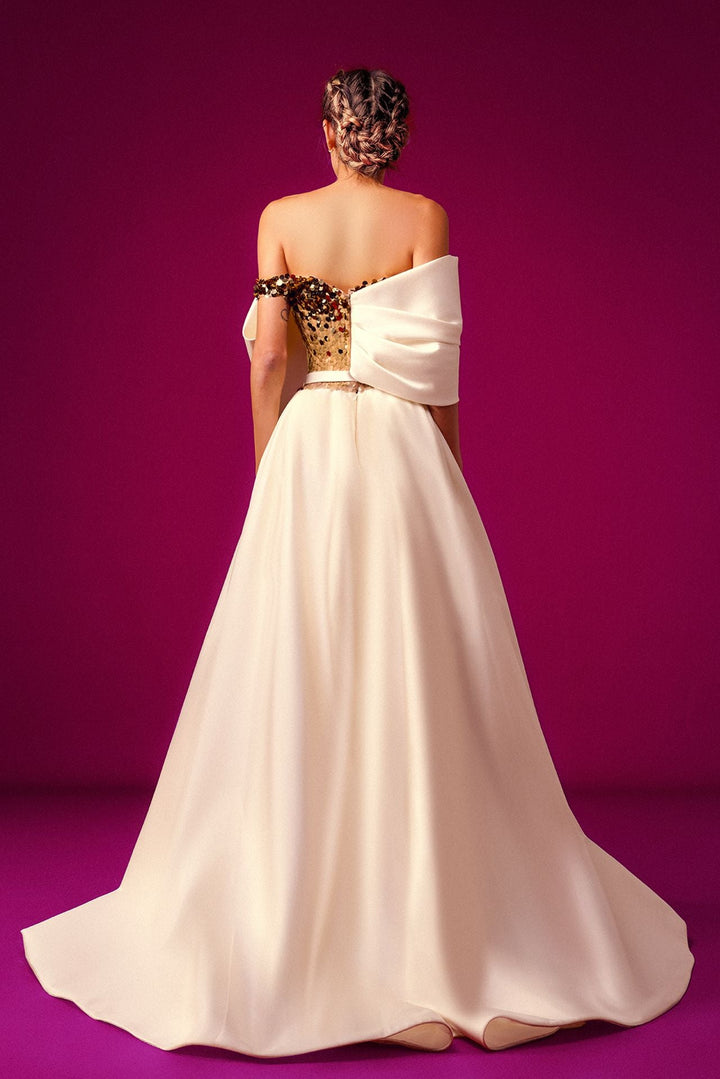 Off-The-shoulder Cadi and Sequined Dress with Overskirt