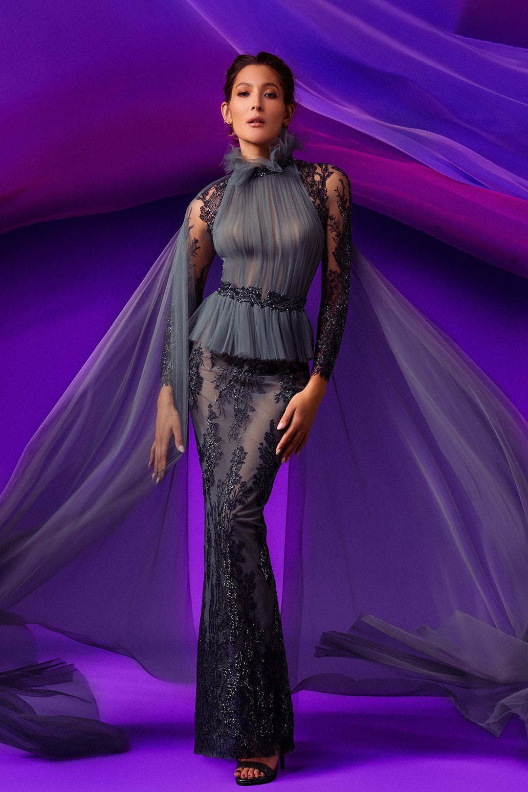 Embroidered Tulle Dress with Watteau Cape FR 50 / Multi Embroidered Tulle Dress with Watteau Cape FR 50 / Multi