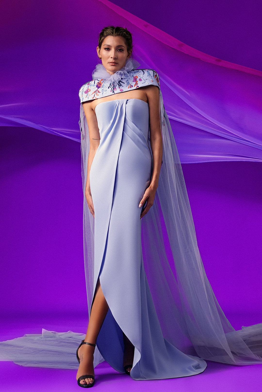 Strapless Draped Dress with Cape