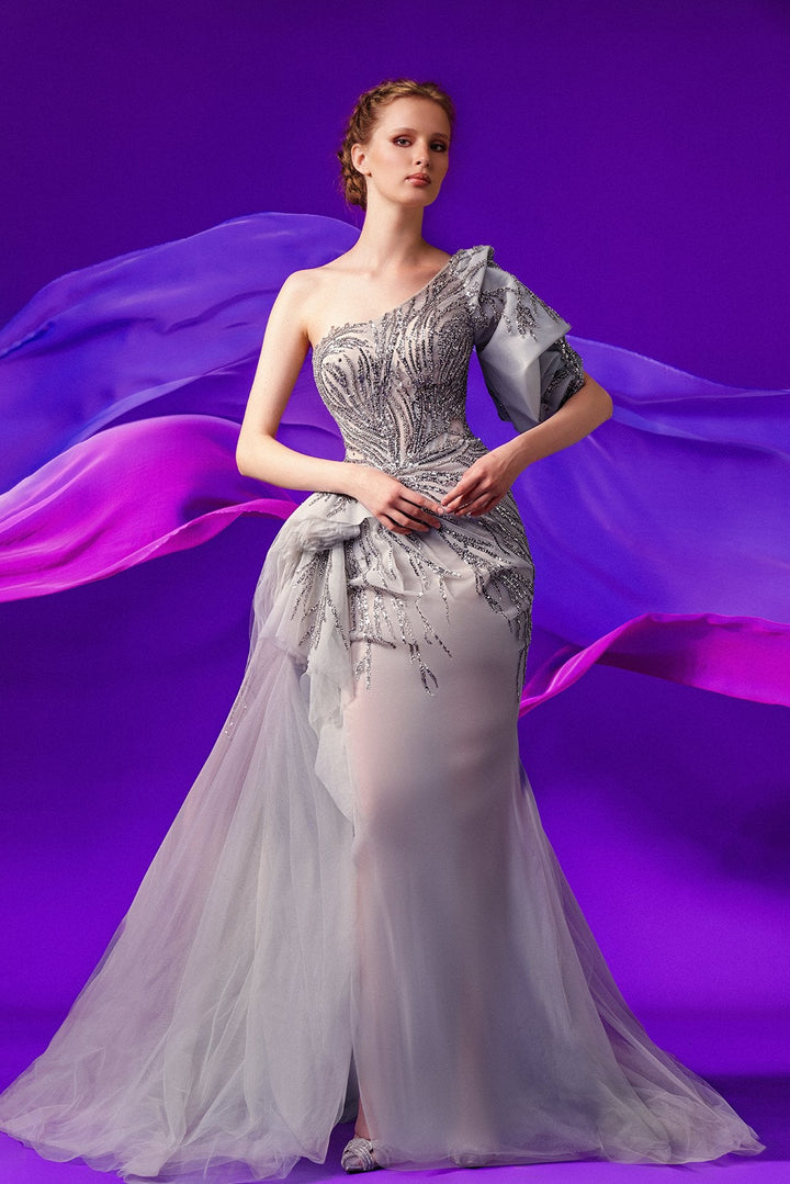 One-Shoulder Embroidered Tulle Dress