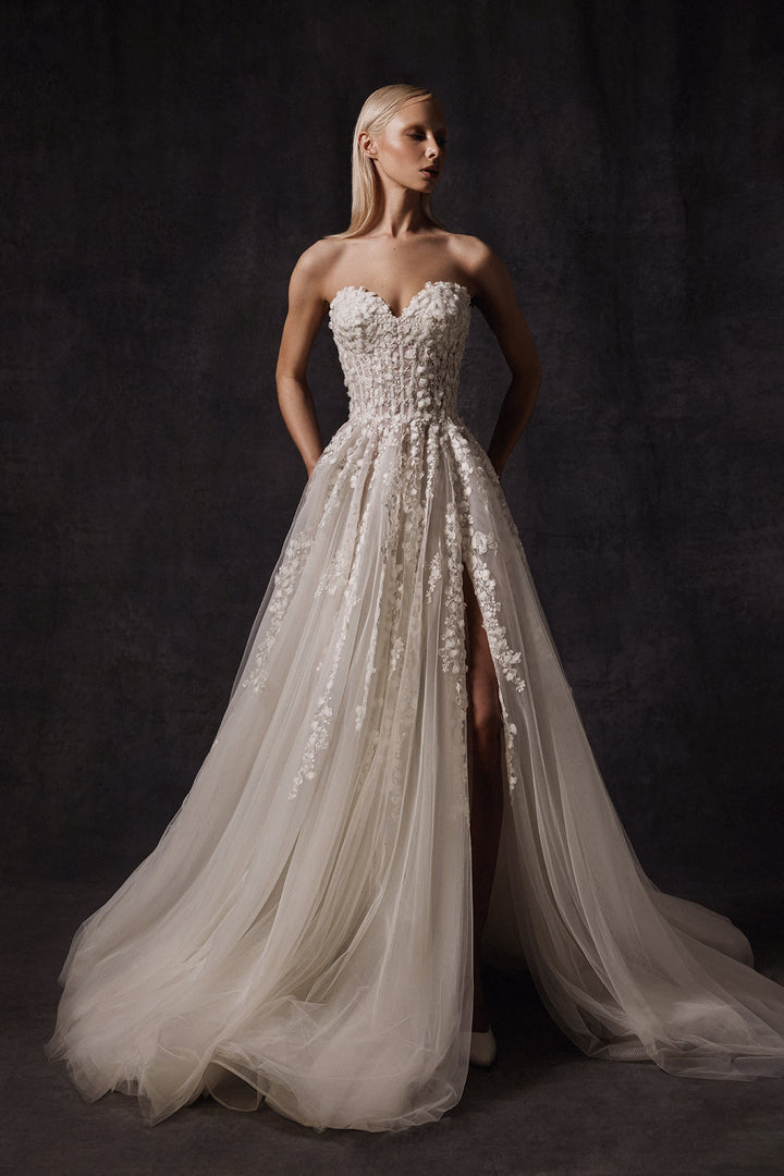Tulle Embroidered Strapless A-line Dress