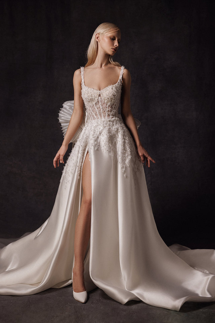 Embroidered Tulle and Organza A-line Dress with Bow