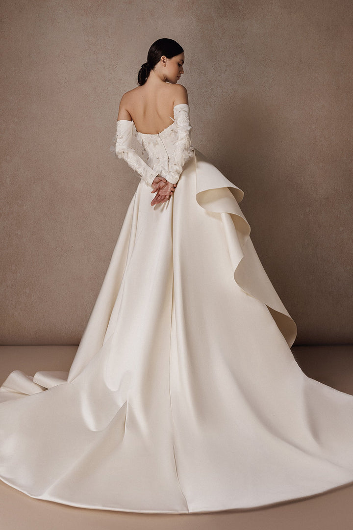 Strapless Duchess Satin Dress with Draped Overskirt