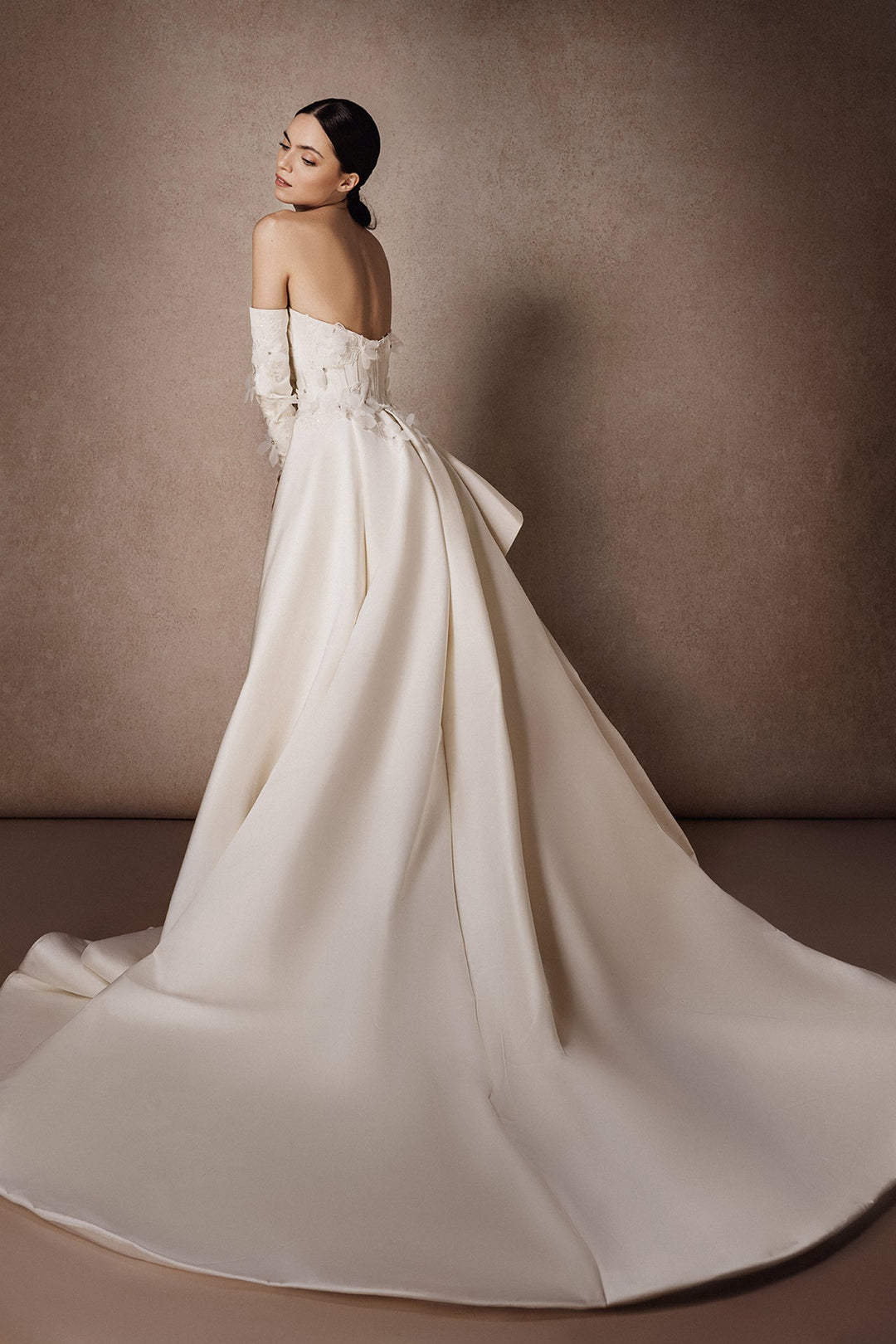 Strapless Duchess Satin Dress with Draped Overskirt