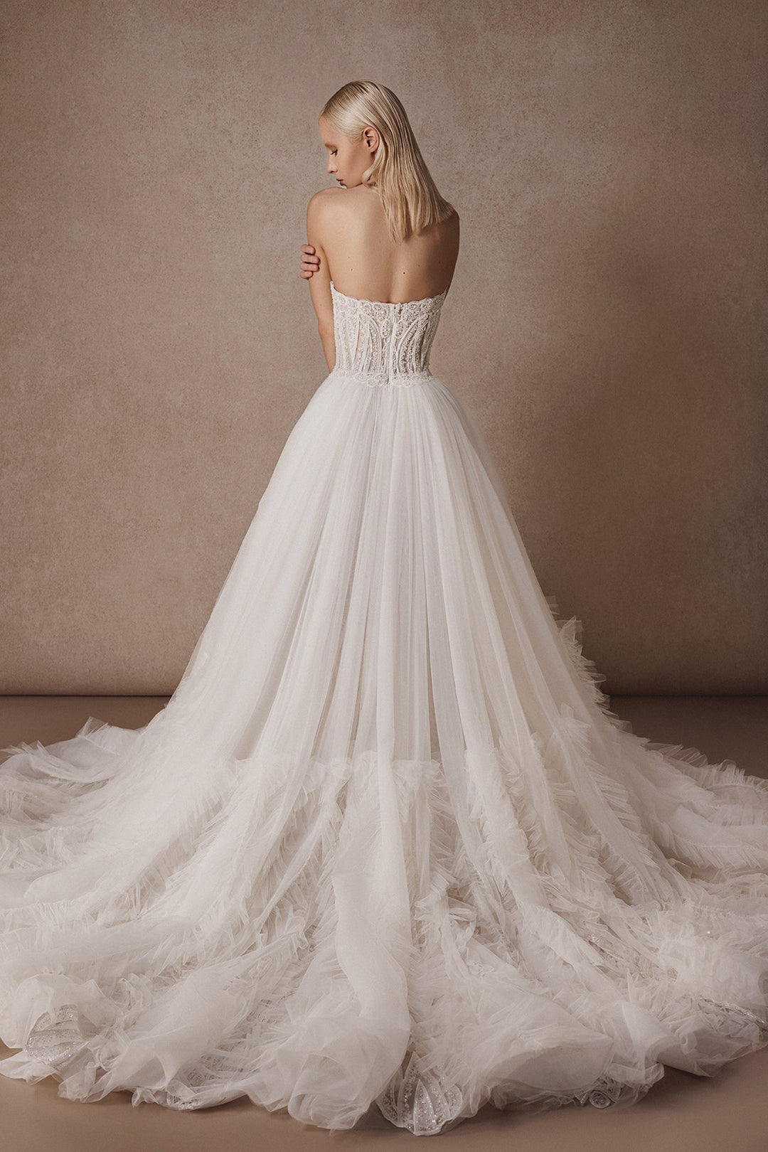 Tulle Embroidered Strapless Column Dress with Overskirt