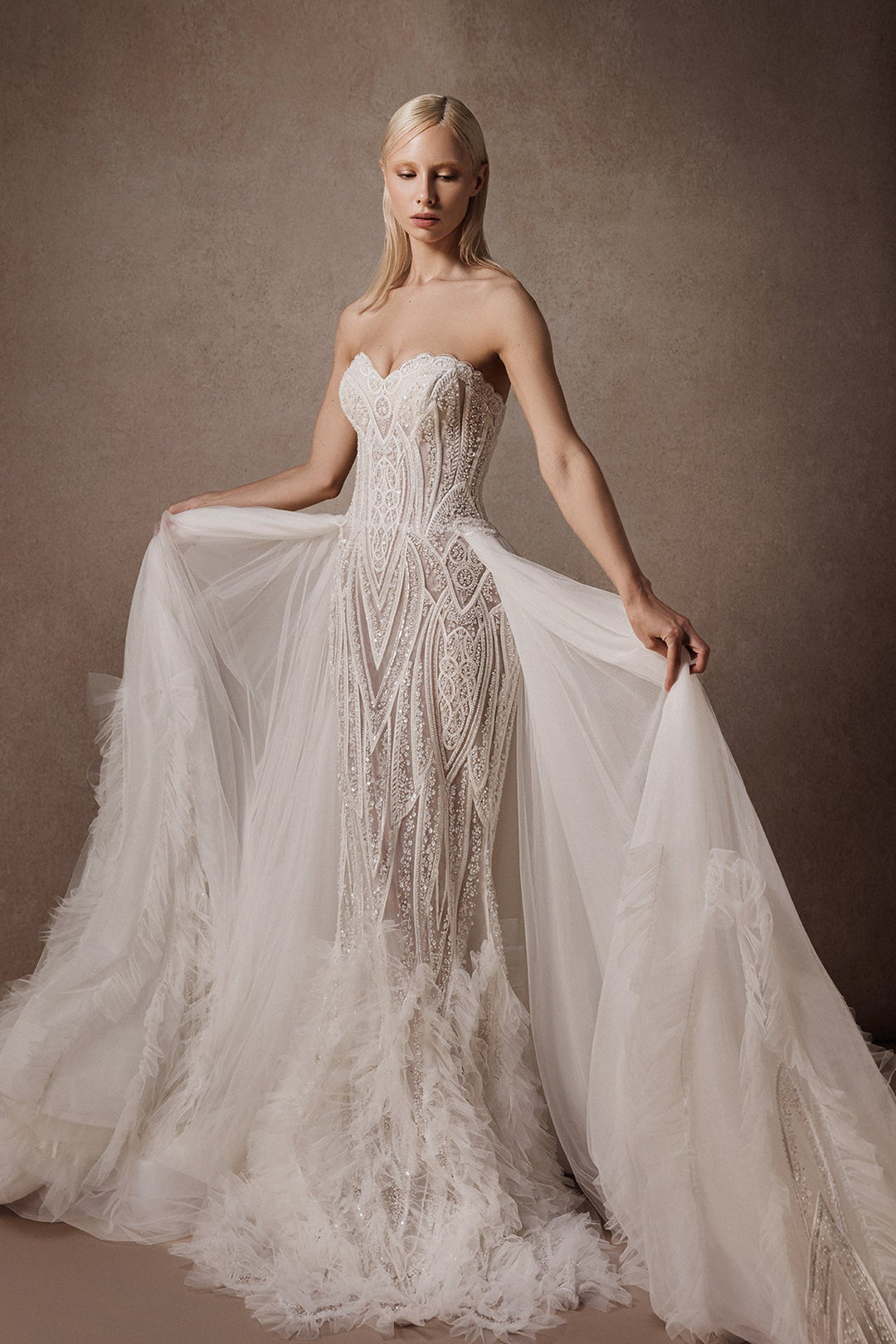 Tulle Embroidered Strapless Column Dress with Overskirt
