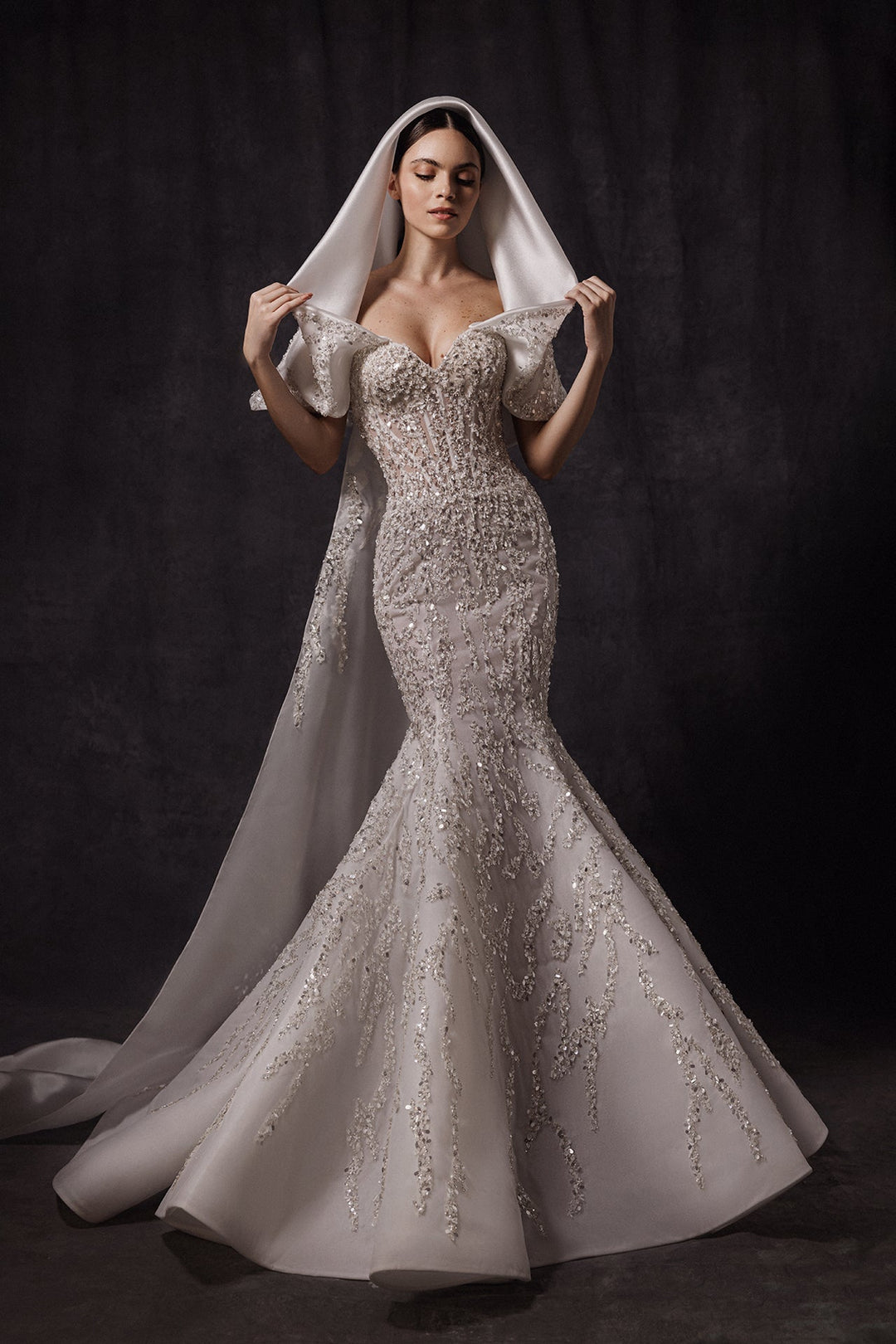 Embroidered Mermaid Dress with Triple Organza Cape M.R DESIGN Embroidered Mermaid Dress with Triple Organza Cape M.R DESIGN