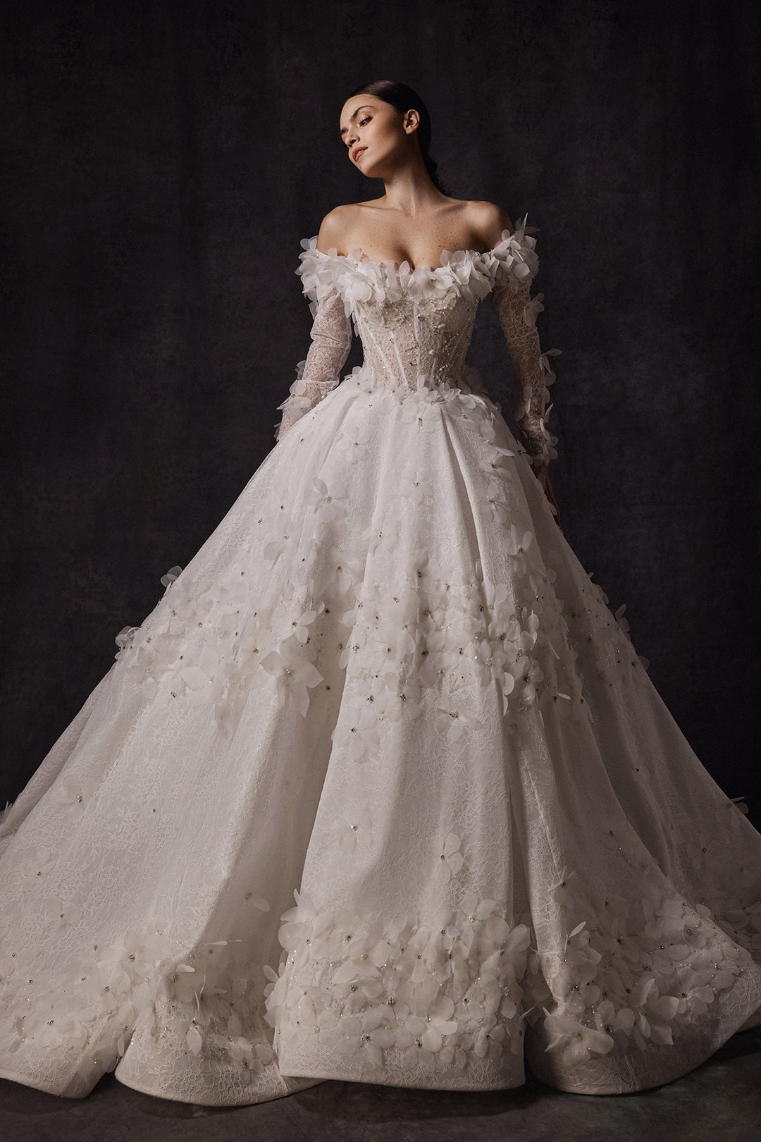 Chantilly Lace Off-The-Shoulder Dress with Organza Flowers M.R DESIGN Chantilly Lace Off-The-Shoulder Dress with Organza Flowers M.R DESIGN