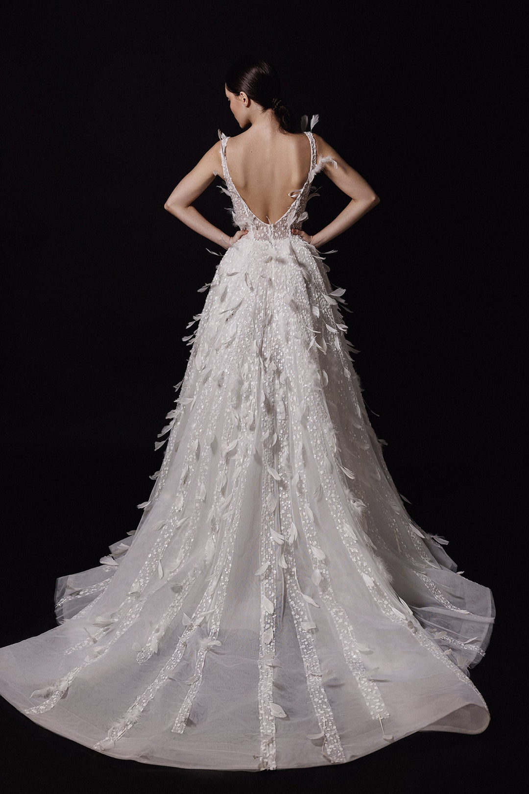 Tulle Feathered and Beaded Sleeveless Dress with Overskirt