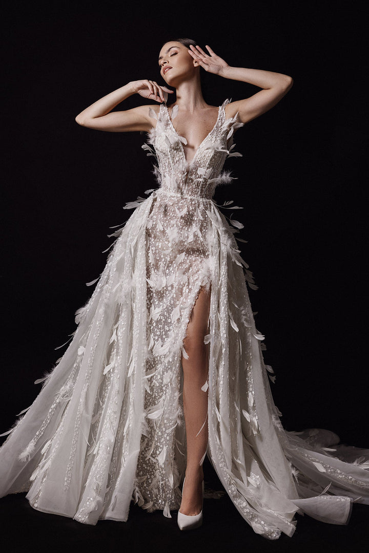 Tulle Feathered and Beaded Sleeveless Dress with Overskirt