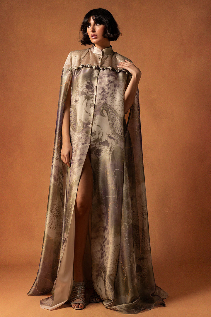 Printed Silk Kaftan with Triple Organza Details