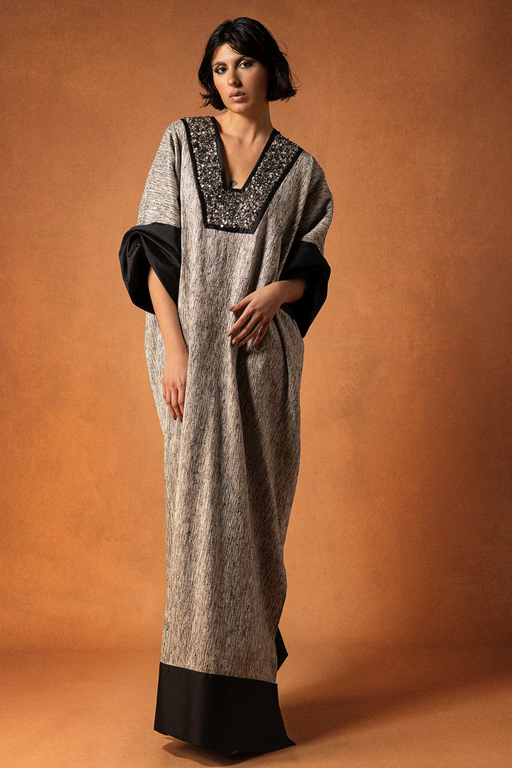 Silk Jacquard Kaftan with Beading