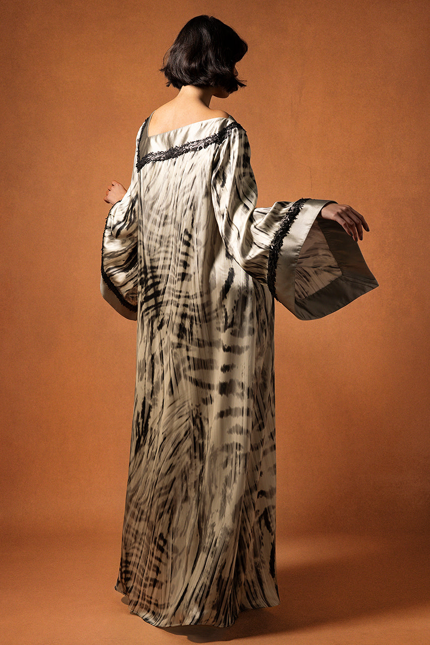 Printed Silk Satin Kaftan with Silk Mikado Details