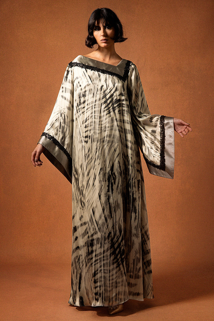 Printed Silk Satin Kaftan with Silk Mikado Details