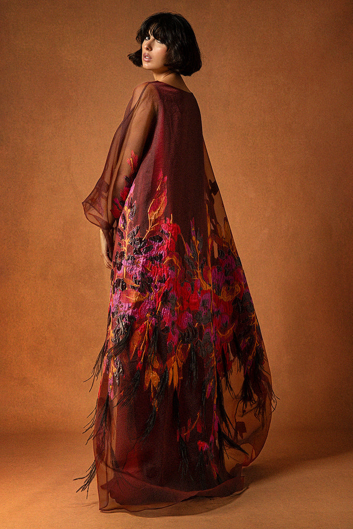 Organza Jacquard Kaftan with Floral and Feather Embroidery