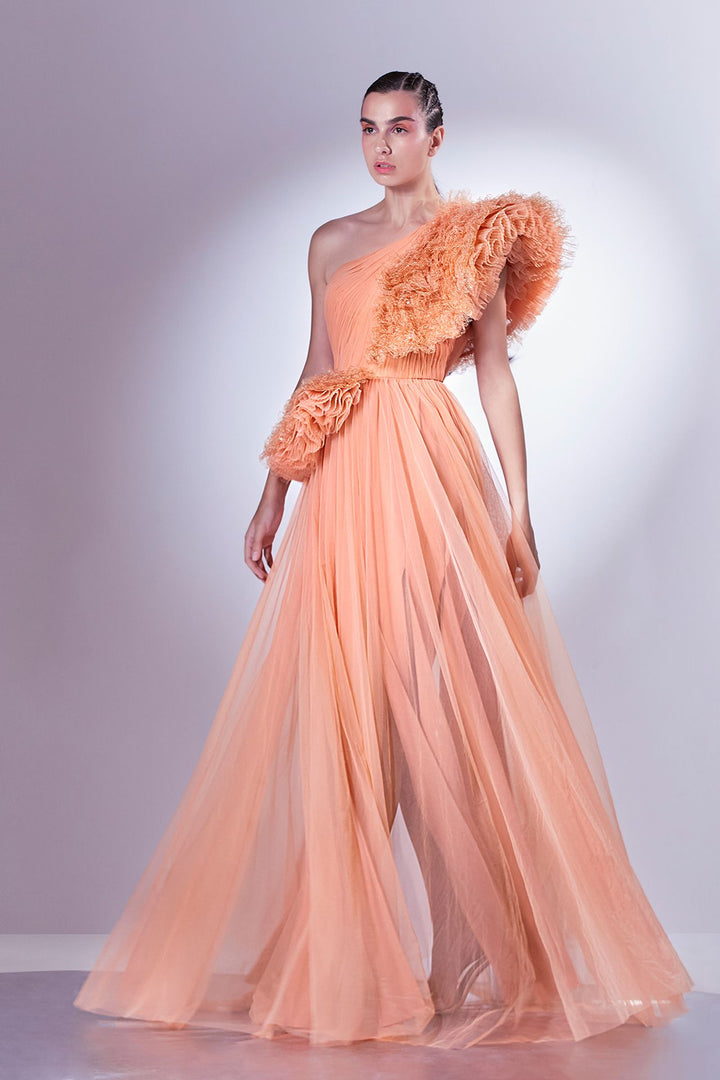 One-Shoulder Tulle and Lace Dress