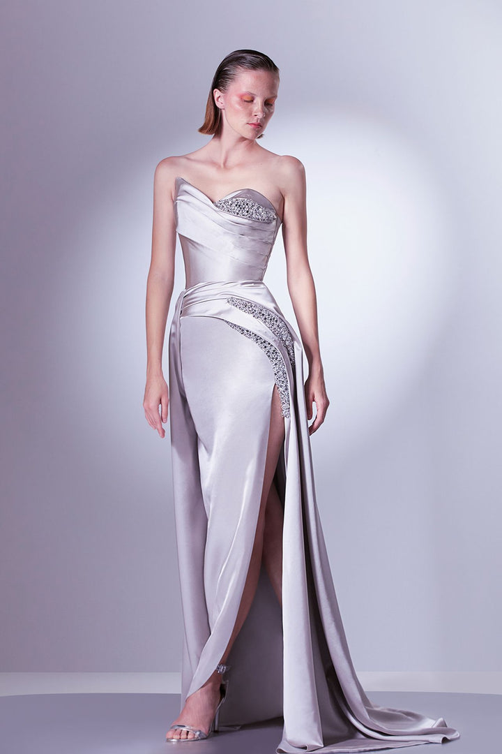 Strapless Satin Dress with Crystal Embroidery