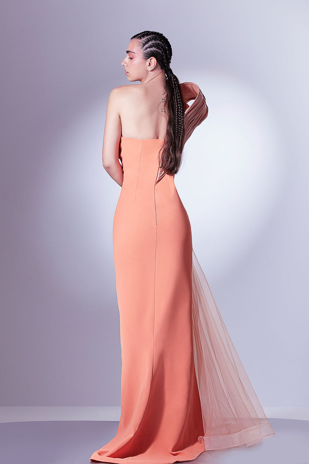 One-Shoulder Fitted Dress with Organdie