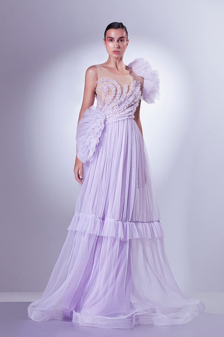 Crepe Dress with Tulle Cascading Sleeves.