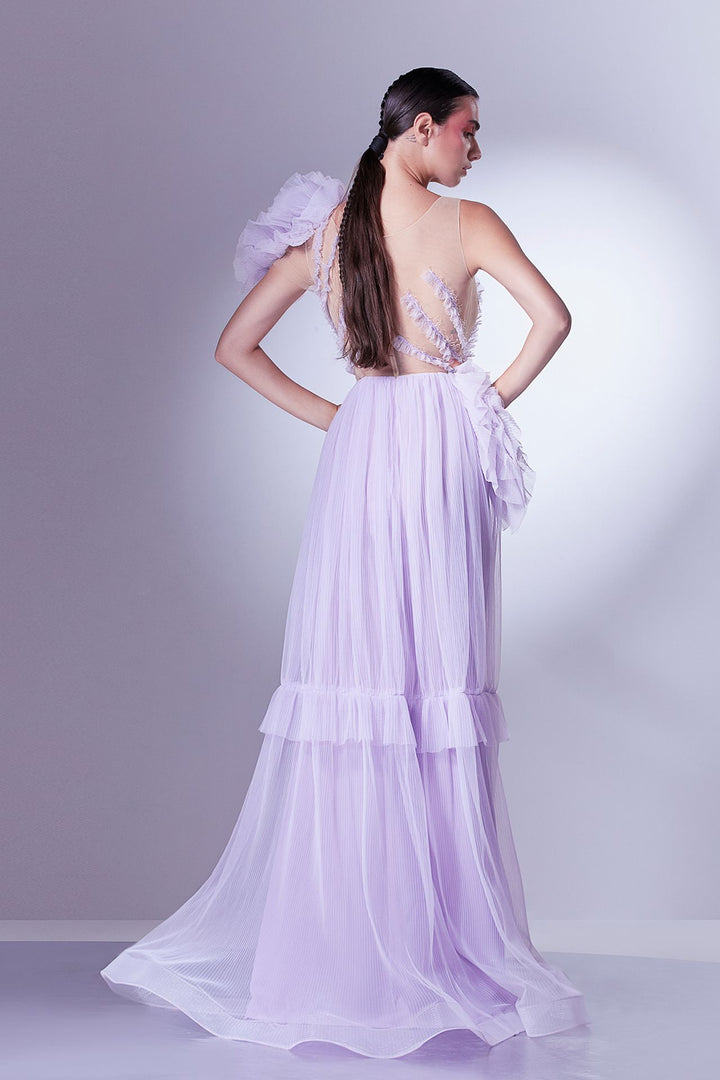 Crepe Dress with Tulle Cascading Sleeves.