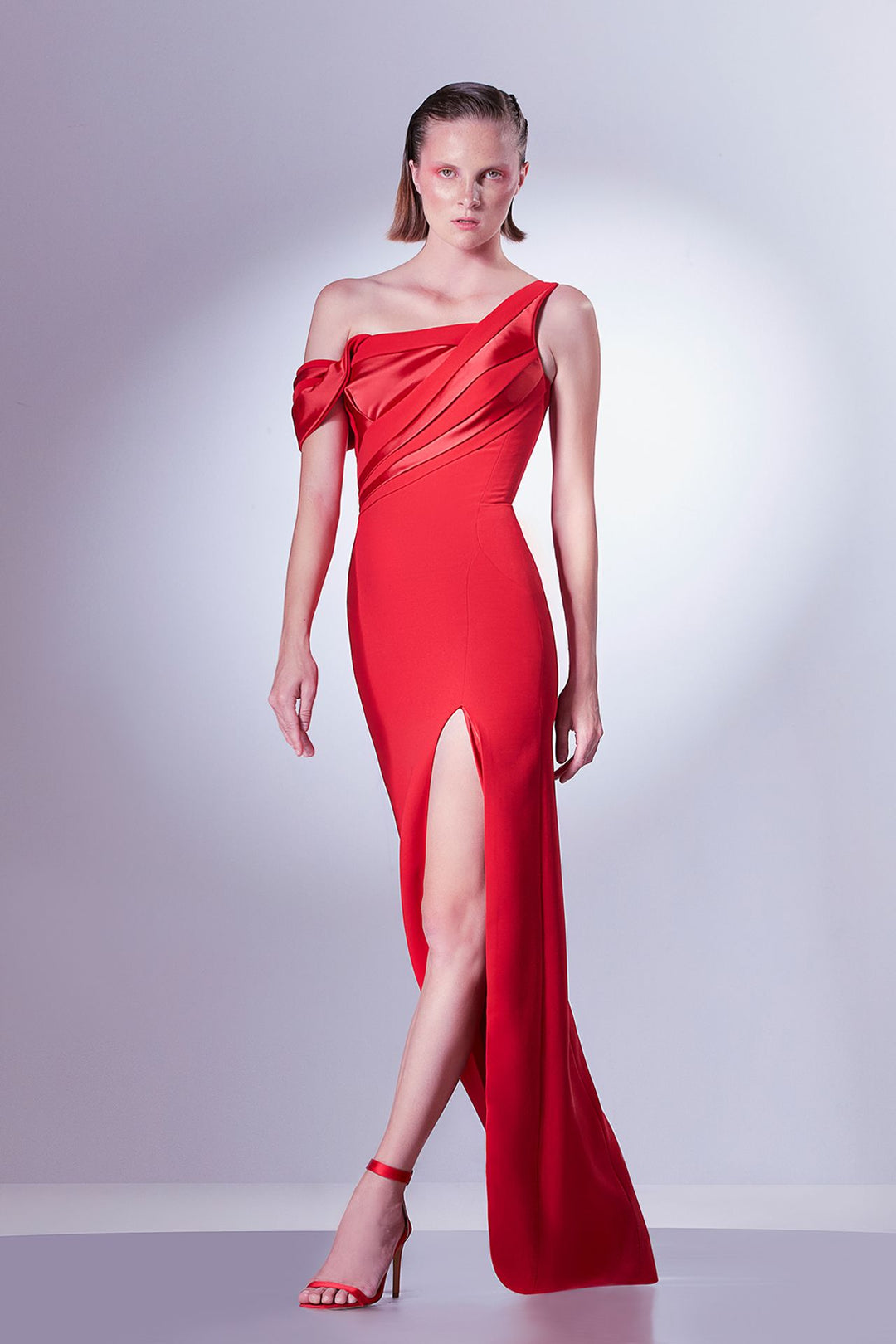 Crepe Fitted Dress with Satin Folds