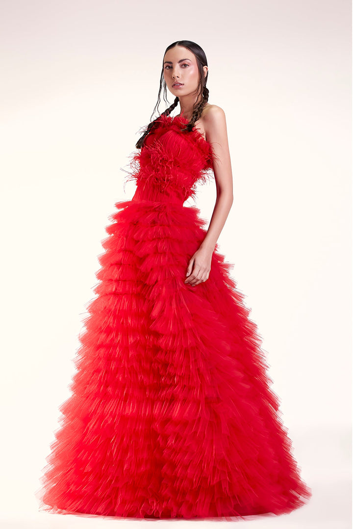 Strapless Multi-Layered Ruffled Tulle Dress