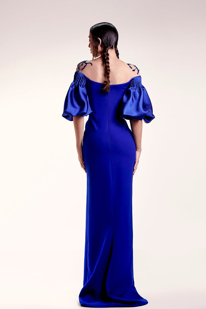 Crepe Fitted Dress with Puffy Sleeves