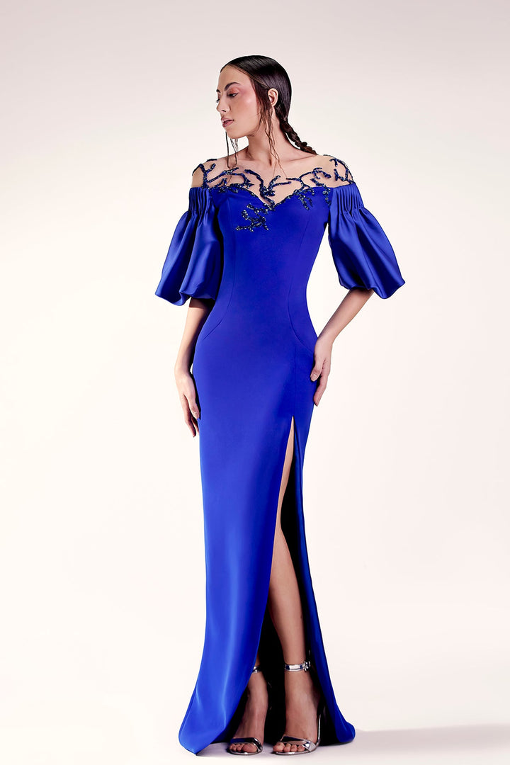 Crepe Fitted Dress with Puffy Sleeves