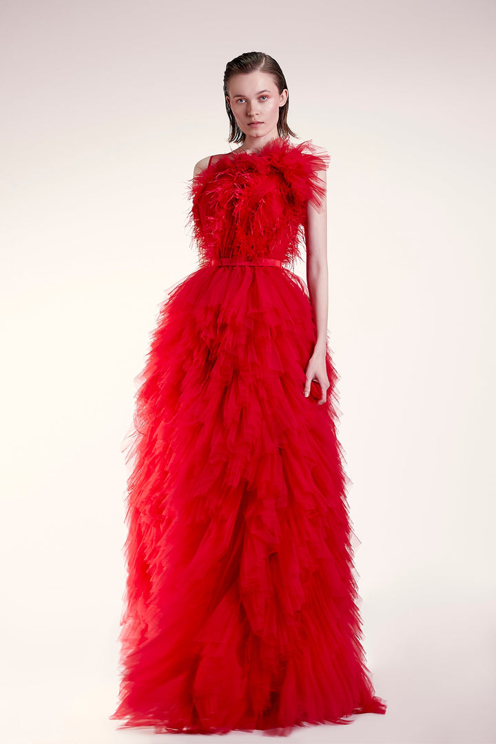 Sleeveless Tulle Dress with Feathers