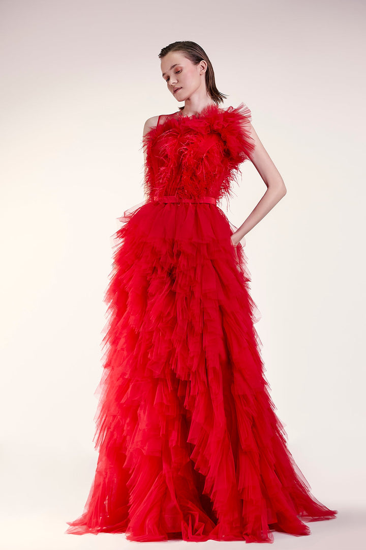 Sleeveless Tulle Dress with Feathers