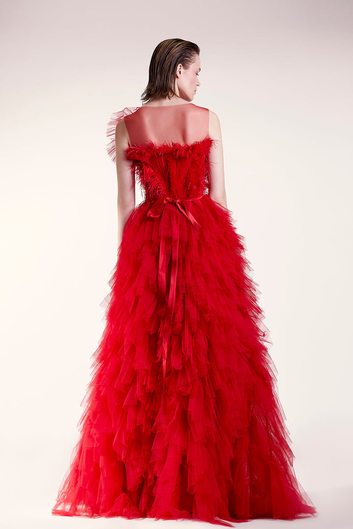 Sleeveless Tulle Dress with Feathers