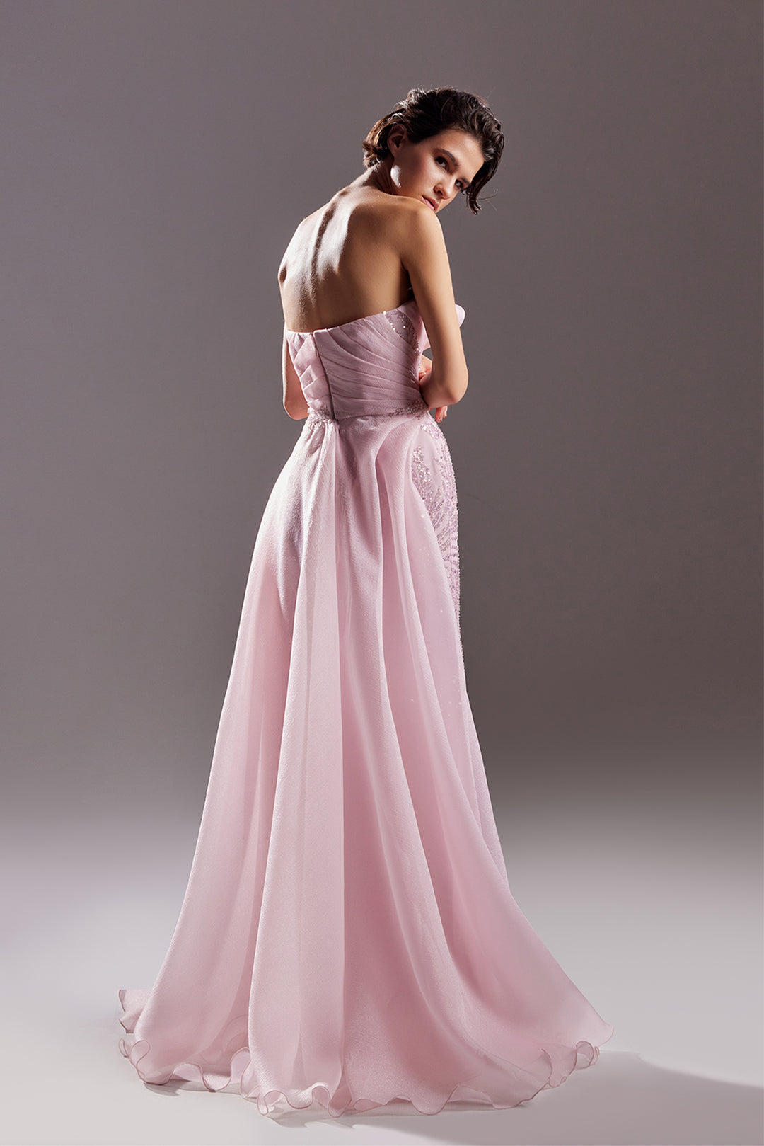 Sleeveless beaded dress featuring sweep train overskirt Pink / US 8 Sleeveless beaded dress featuring sweep train overskirt Pink / US 8