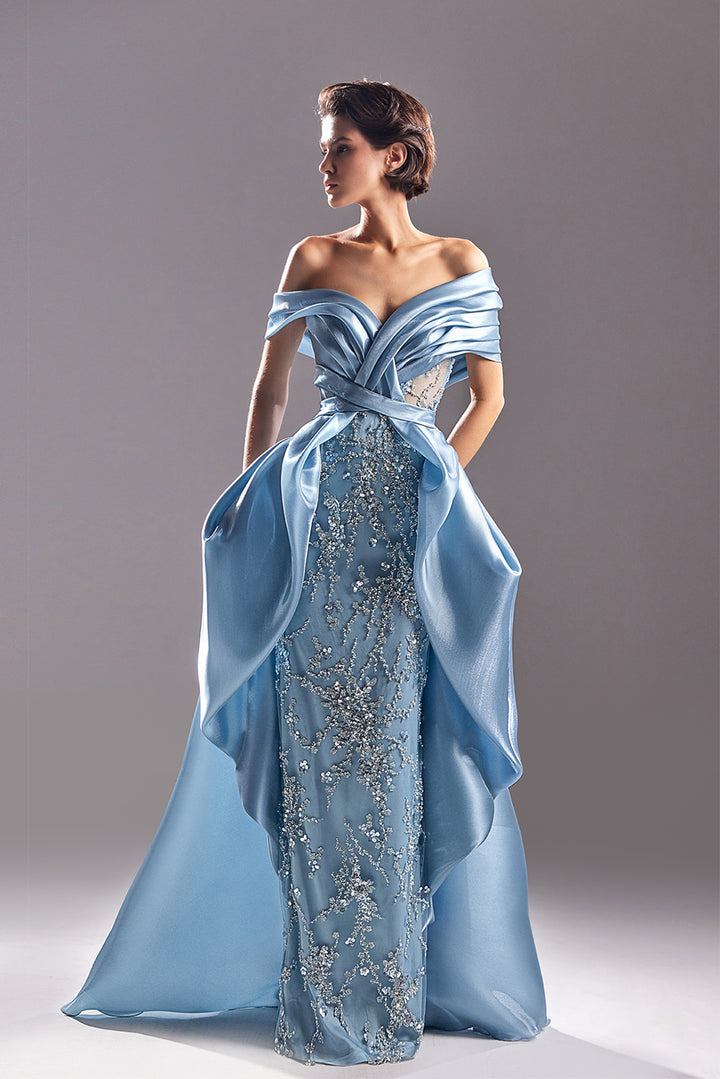 Off-The-Shoulder Lace Column Dress