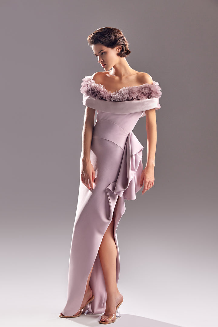 Off-The-Shoulder Crepe Dress with Organza petals