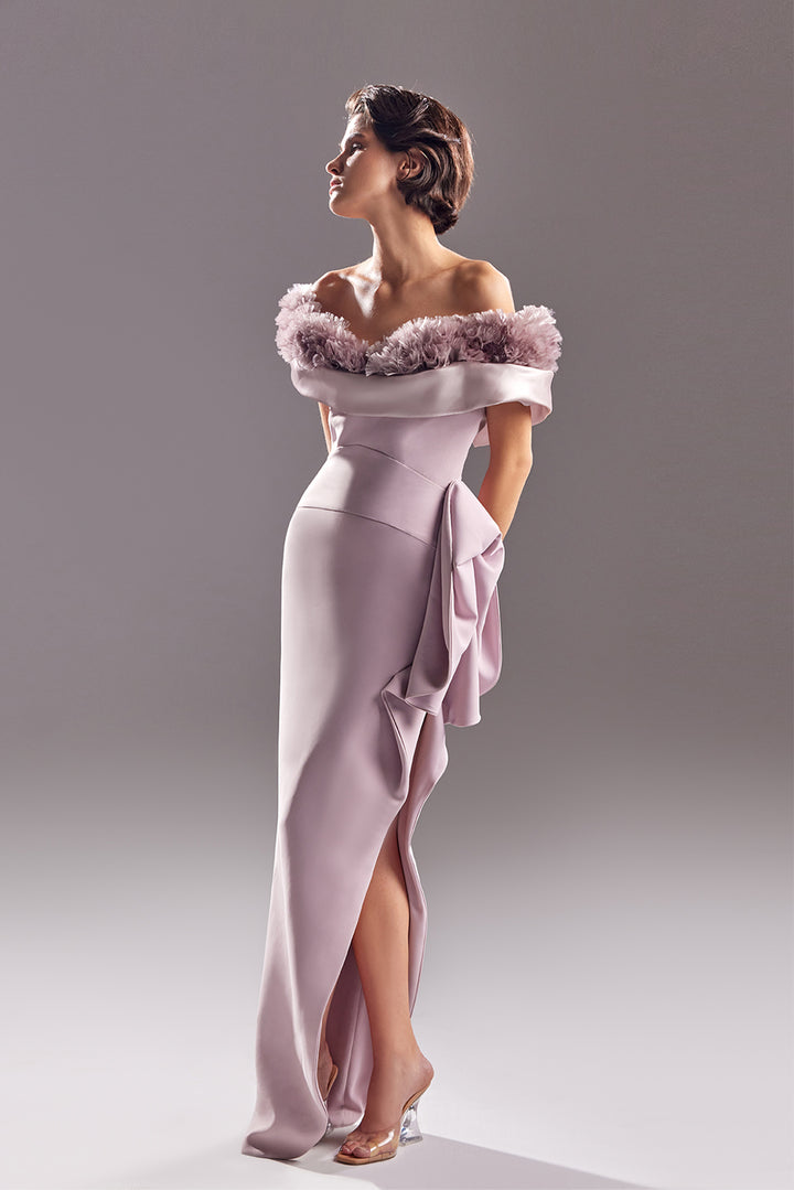 Off-The-Shoulder Crepe Dress with Organza petals