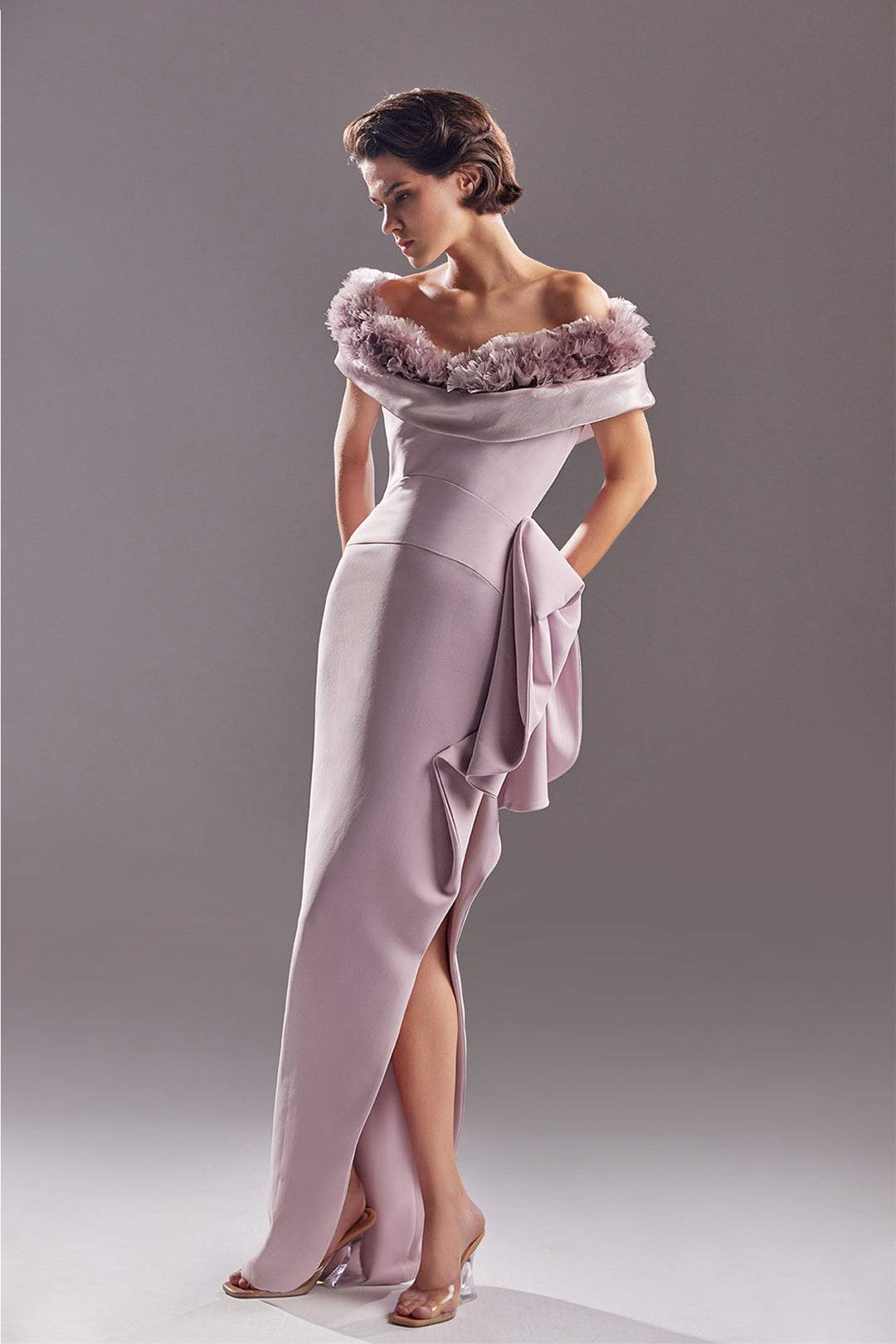 Off-The-Shoulder Crepe Dress with Organza petals